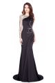 Fantastic Mermaid One Shoulder Sheer Long Sleeve Crystal Beaded Black Prom Evening Dress