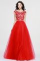 Elegant A Line Scoop Cap Sleeve Low Back Crystal Beaded Red Tulle Prom Evening Dress