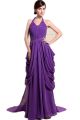 Graceful A Line Halter Beaded Appliques Ruched Purple Chiffon Prom Evening Dress
